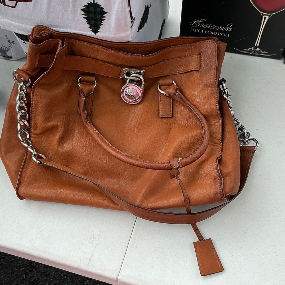 Michael Kors Brown Leather Shoulder Bag with Silver Chain